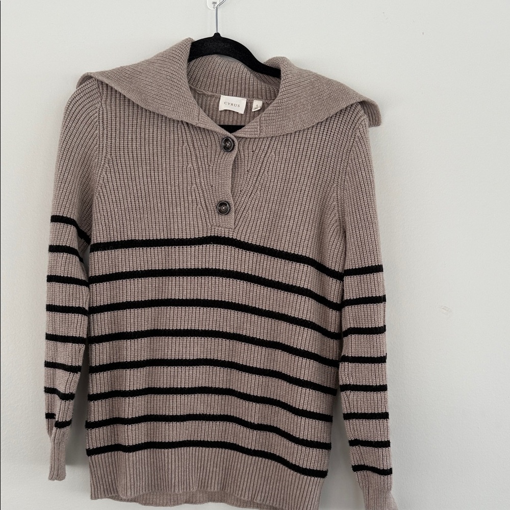 Cyrus Taupe and Black Striped Cowlneck Sweater